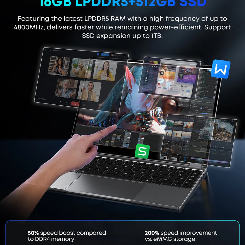 CHUWI FreeBook 2-in-1 Laptop IntelN150 13.4'' Touch 2.5K Screen 16GB LPDDR5 RAM 512GB SSD WiFi6 BT5.2 Convenient Office Notebook