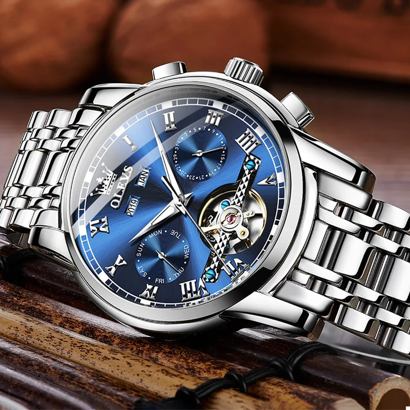 OLEVS 6607 Men's Watches Automatic Mechanical Business Wristwatch Calendar Waterproof Stainless Steel Strap Watch For Man