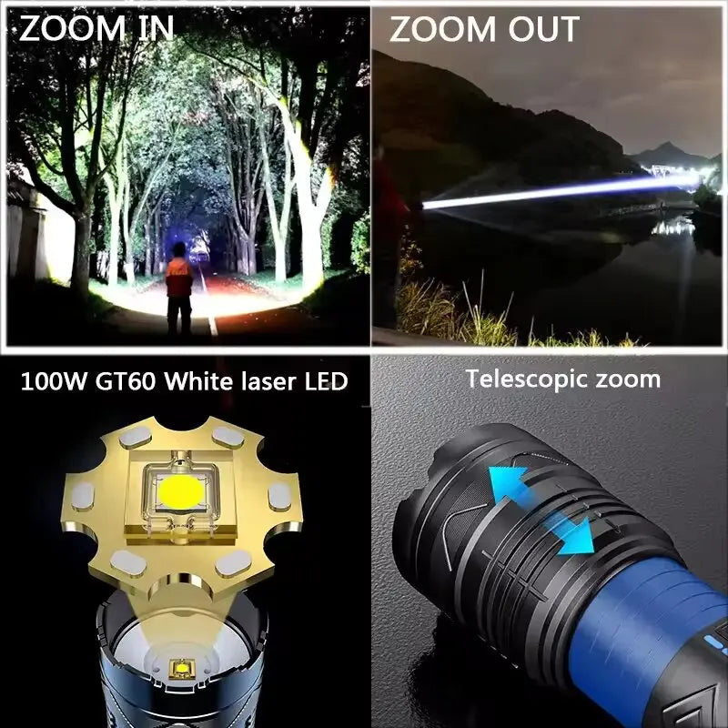 99000000LM Super Bright LED Flashlight 100W GT60 Long Range Powerful Torch Type-c Rechargeable Outdoor Flashlight Power Display