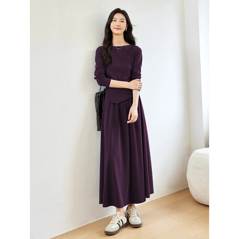 VIMLY Women's Two-Piece Set Elegant Hem Irregular Long Sleeve T-shirt Elastic Waist Long Skirt Fall Matching Outfit Female M8577