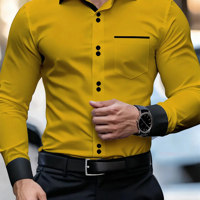 Men's Business Color Block Collar Long Sleeve Shirt, Slim | SAMAG