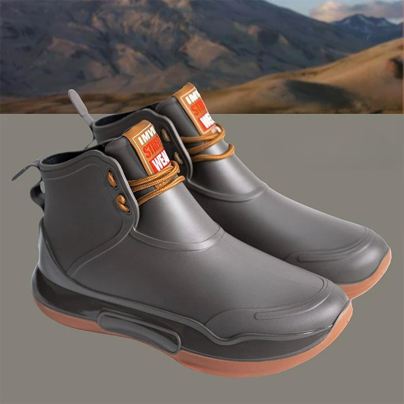 Men Rain Boots Outdoor Work Boots New Fashion Waterproof Fishing Shoes Platform Non-slip Rubber Shoes Lace-up Couple Rain Shoes