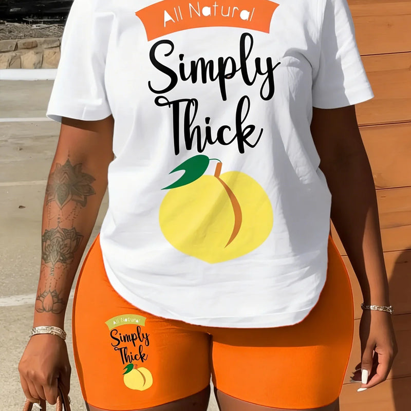 Peach Letter Print Short-Sleeved Shorts Set in a Loose White T-Shirt and an Orange Tight Short Pants Casual Outfit