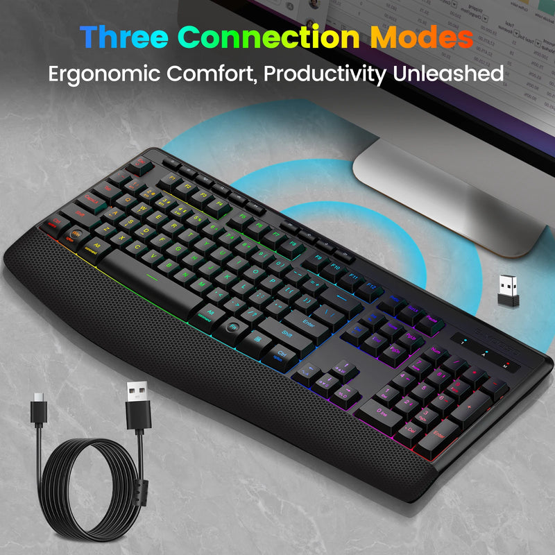 FocusOnPC K787 2.4G Tri-Mode Wireless Gaming Keyboard, 104 Keys RGB Backlit, Ergonomic USB-C Plug-and-Play Keyboard, 1900mAh Battery, Auto Sleep & Low Battery Alert, Silent Typing for Game
