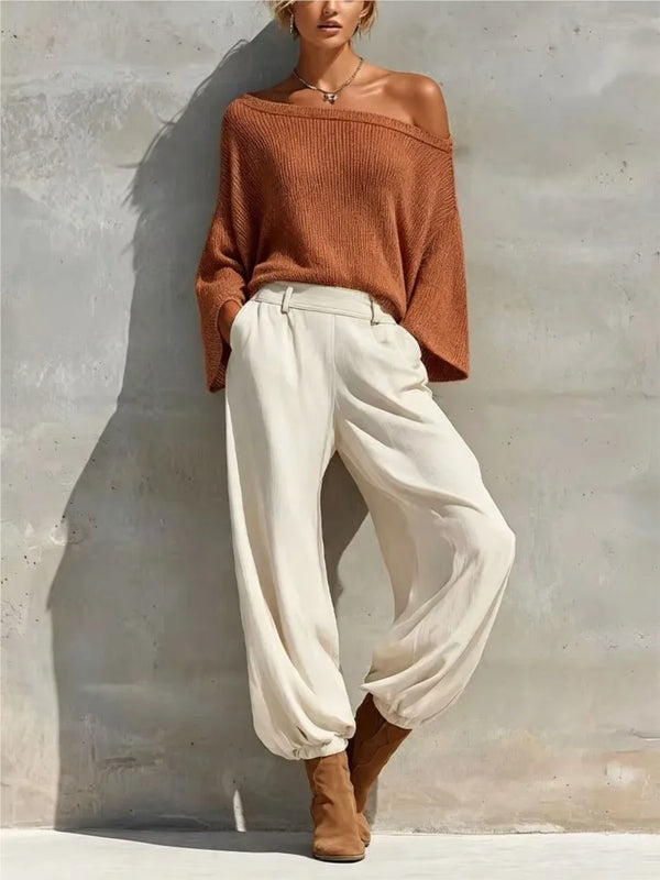 Fashionable Off-shoulder Top And Casual Trousers Two-piece Suit 2026 Autumn And Winter New Solid Color Slope Collar Women's Suit