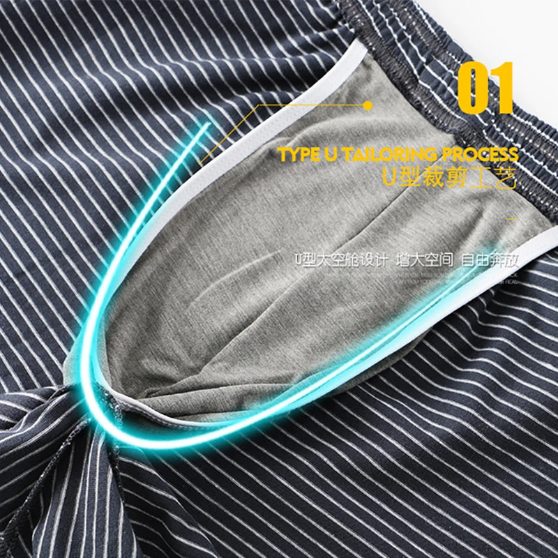 3PCS 100% Cotton Striped Pajama Pants Men's Summer Panties Breathable Big U-crotch Boxers Plus Size Loose High Elastic Underwear