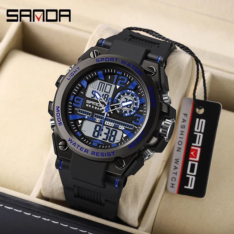 SANDA 6024 Men Sports Quartz Watches Dual Display LED Electronic Digital Wristwatches Waterproof Watch Relogios Masculino