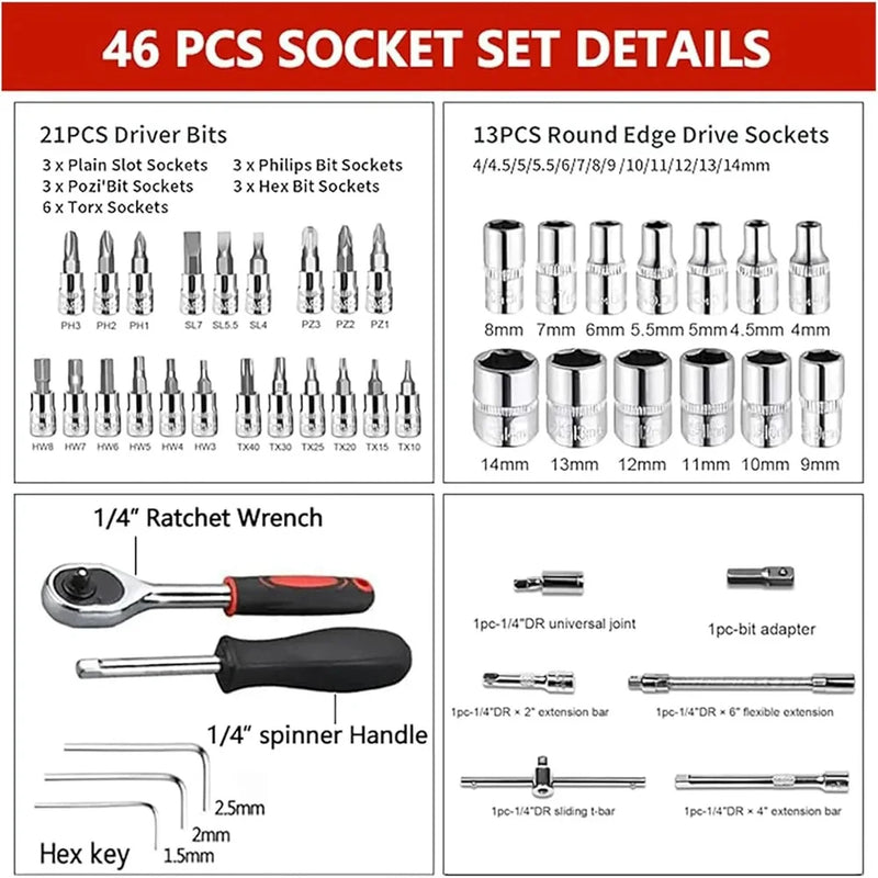 46PCS Car Repair Tool Kit Ratchet Torque Wrench Spanner Screwdriver Socket Set Combo Tools Kit Bicycle Auto Repairing Tool Mech