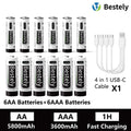 AA AAA Battery 1.5V 5800mAh and 3600mAh Lithium Rechargeable Batteries Fast Charging Li-ion Battery 2000 Cycles Type-C Cable