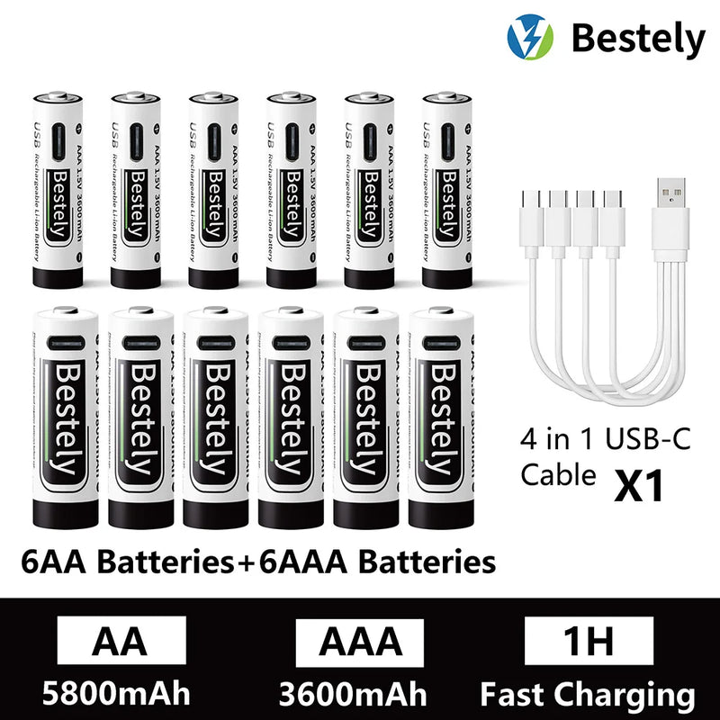 AA AAA Battery 1.5V 5800mAh and 3600mAh Lithium Rechargeable Batteries Fast Charging Li-ion Battery 2000 Cycles Type-C Cable