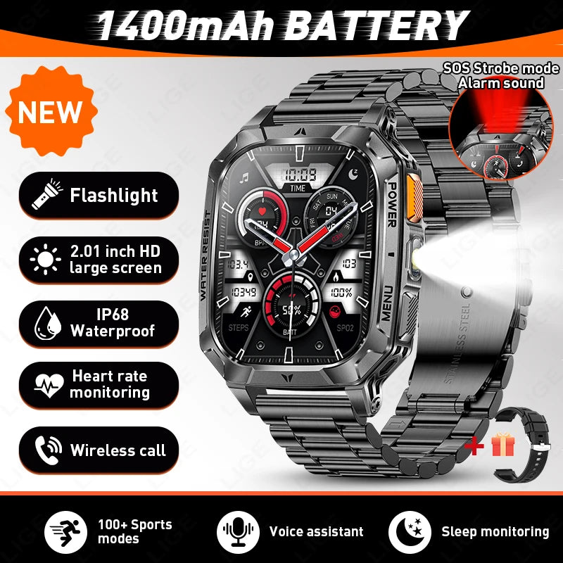 LIGE Militray 1400mAh Large Battery Smart Watch Men 2.01"HD Screen LED Flashlight & SOS Light BT Call Health Monitor Smartwatch