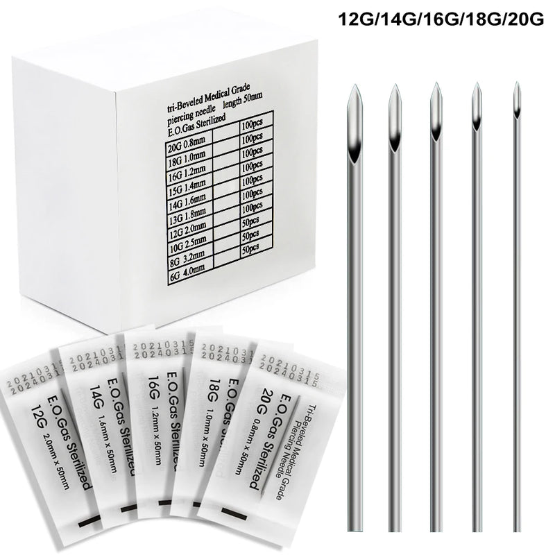 200/100/50PCS Piercing Needles Surgical Steel Disposable Body Piercing Needles E.O.Gas Sterilized Permanent Makeup Tattoo Needle