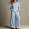 Women sexy one-Shoulder Strap Buckle casual two Piece Sets Autumn Solid Slant Neck Long Sleeve top  Wide Leg Pants Matching Sets