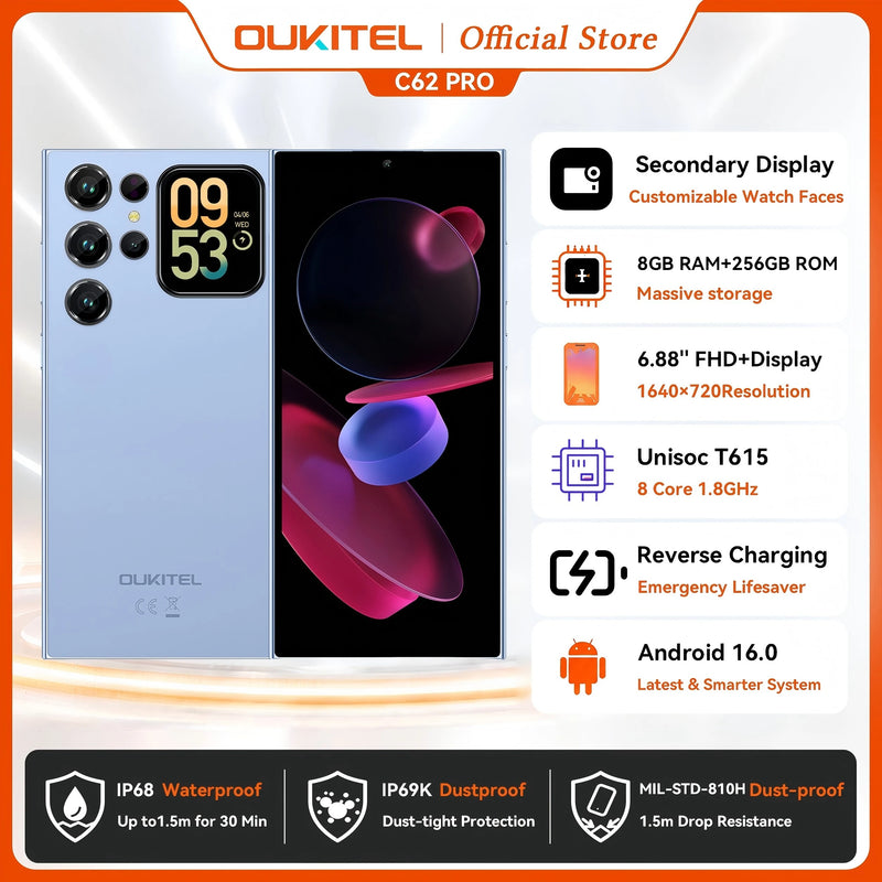 OUKITEL C62 Pro Smartphone Android 15, 6.88" HD+ Display Unisoc T615 Cell Phone, 24GB (8+16) + 256GB, 5150mAh Battery NFC Mobile