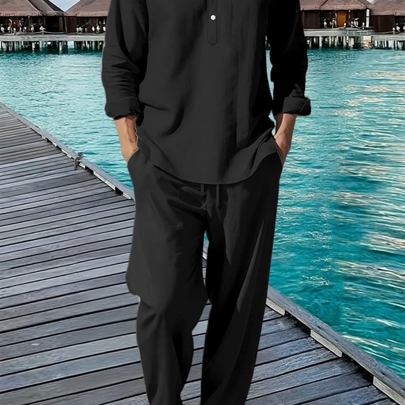 New Long Sleeve Henley Shirt Pants Suit Men Lightweight Breathable Streetwear Solid Color Business Button - View 3 | SAMAG
