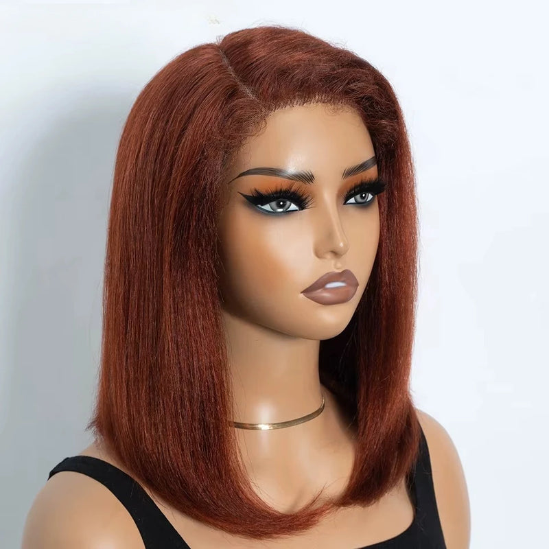 Kinky Straight Bob Side Part Human Hair Lace Wig Pre Plucked 14inches Natural Hairline Wig Natural Black Glueless Human Wigs