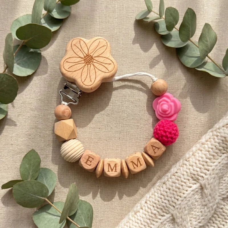 Personalized Name Pacifier Clip Silicone Wooden Dinosaur Baby Teether Holder BPA Free Custom Soother Chain Handmade Dummy Clip