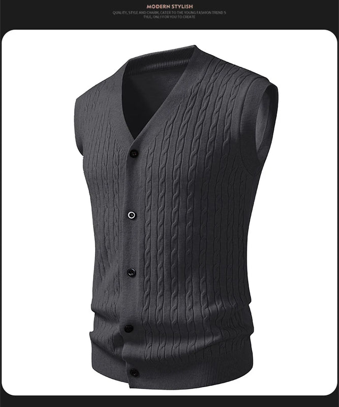 Beige Men's Sleeveless Knit Vest; Pullover Vests for Fall and Winter, Available in Yellow, Gray, Khaki, and Blue.
