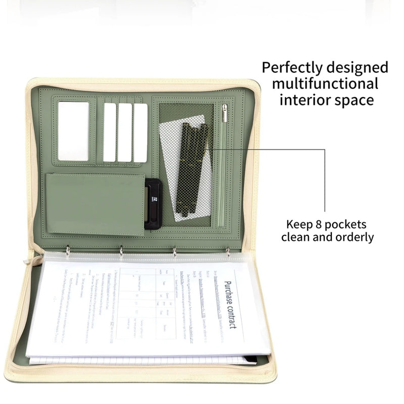 New A4 multi-function business zipper bag, 4-ring binder + writing pad + storage bag, pleated texture PU  leather cover