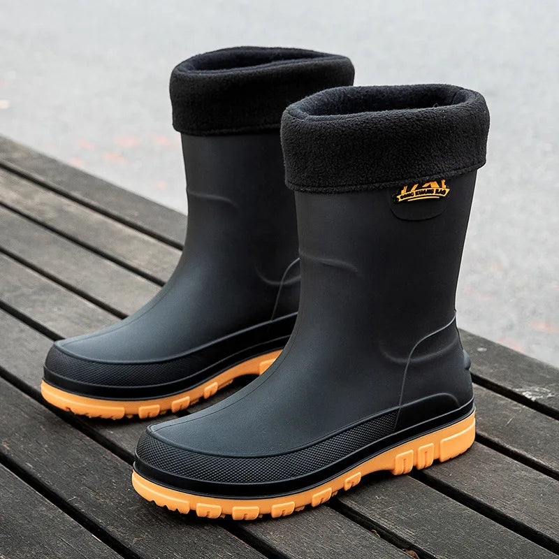 High tube rain shoes for men  high tube rain 2025 boots  autumn and winter cotton car wash work rubber shoes