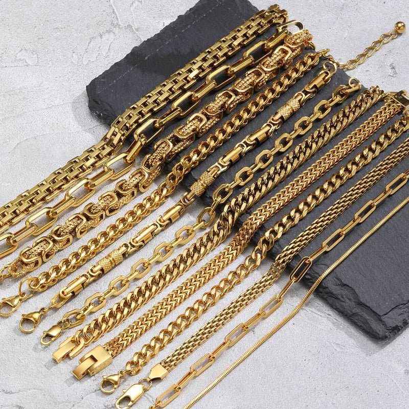 Gold Color Men's Chain Bracelet, Hip Hop Stainless Steel Chunky Wristband, Rock Punk Jewelry Gift for Dad - Visuel 6 | SAMAG