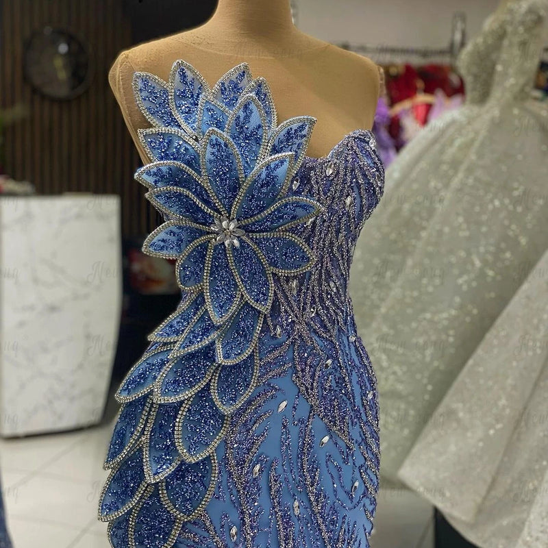 Blue Long 5D Leaf Wedding Party Dress Long Mermaid Formal Prom Dresses Customized Elegant Aso Ebi Pageant Evening Night Dresses