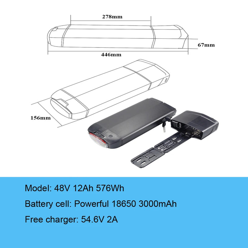 EVRYjourney  FATTIRE 500W RearRack Ebike Battery 48V 10.4Ah 12Ah 14Ah with Taillight Charger & Safety Lock for Electric Bike