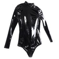 Ftshist Women Glossy PU Leather Bodysuit Long Sleeve High Neck Back Zipper Tight Fit Stretchy Club Cosplay Dance Costume