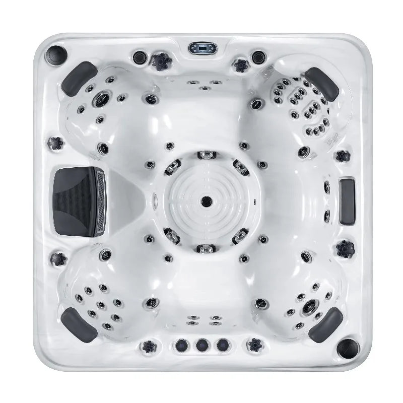 Luxury 7-seat Portable Freestanding Rectangular Acrylic Hot Tub with 70 Nozzles, LED Lighting, and Spa Massage Function.