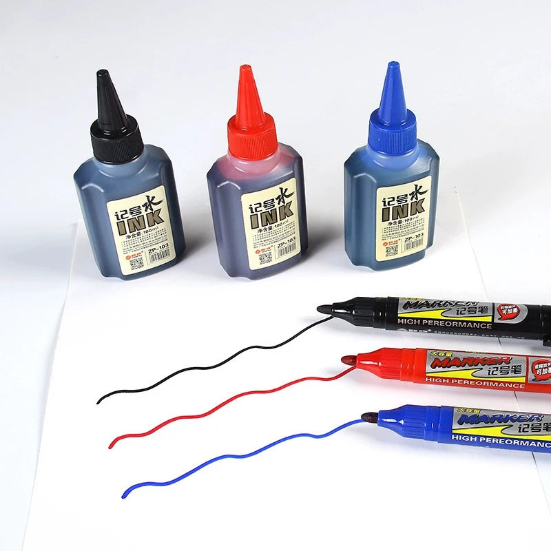 100ml Permanent Markers Ink Refill,Quick-Drying Waterproof Black Red Blue Colors Oil-Based Filler Liquid for Pens