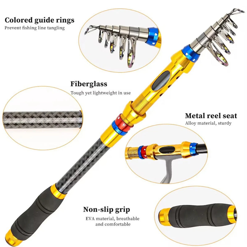 Fishing Rod and Reel Set 1.8-3.6m Carbon Telescopic Fishing Rod Pole with Metal Spool Spinning Reel Saltwater Freshwater Kits
