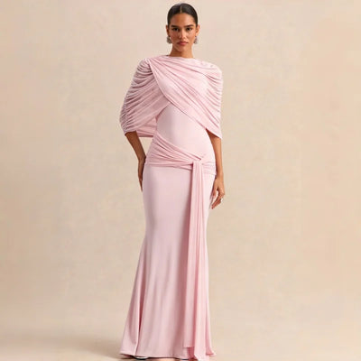 Elegant Mermaid Evening Dress Draped Detachable Cape | SAMAG