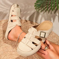 Womens Mules Round Toe Suede Look Texture Caged Cutout Flat Shoes Adjustable Buckle Strap Casual Backless Slip on Walking Clogs