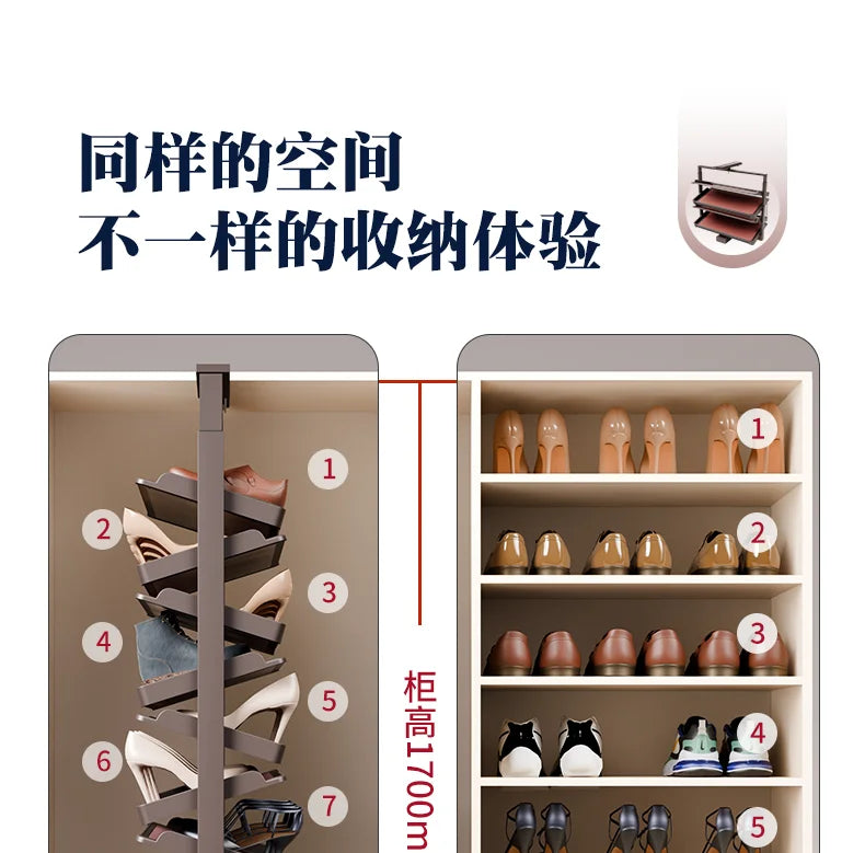 Built-in Height Adjustable Shoe Cabinet Closet Space Saving 360° Rotating Shoe Rack, Multi-layer Shoe Holder Storage Organizer