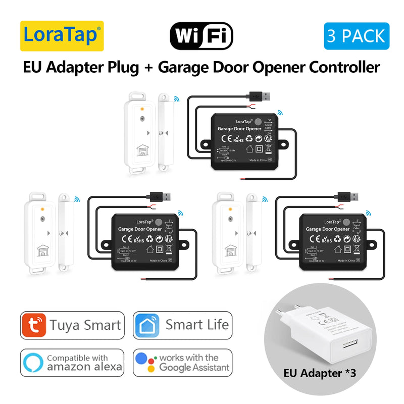 LoraTap Tuya Smart Life AC DC Garage Door Wireless Sensor Opener Controller USB Charger Remote Control by Google Home Alexa