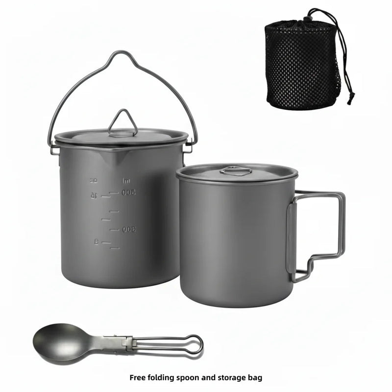 Titanium Camping Cookware Set with Folding Mug (420ml/750ml) and 750ml Pot, Lightweight Portable Outdoor Kit for Hiking Backpack