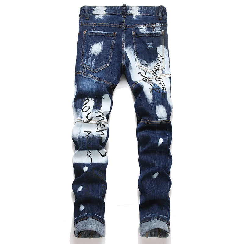 Men Letters Printed Denim Jeans Holes Ripped Patchwork | SAMAG