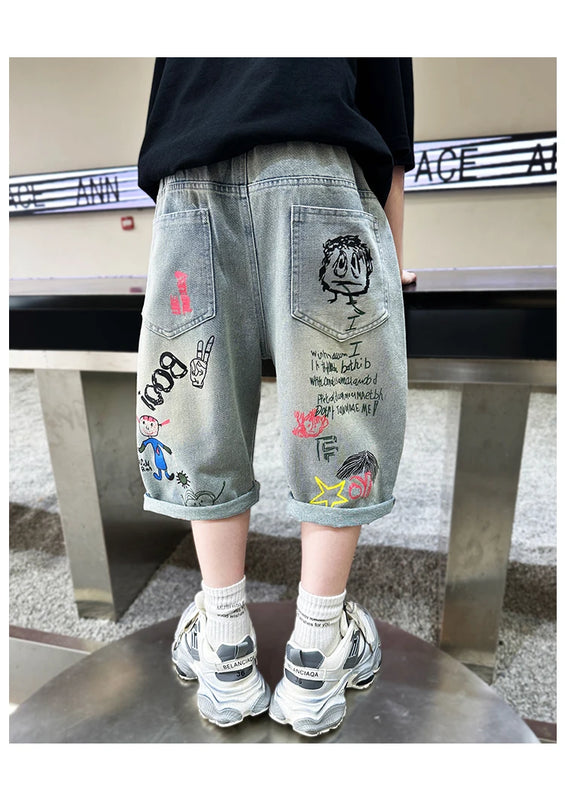 Kids Boys Graffiti Drawing Denim Shorts Elegant Children Casual Ripped Short Jeans Capris Pants 5 6 7 8 9 10 11 12 13 14 Year