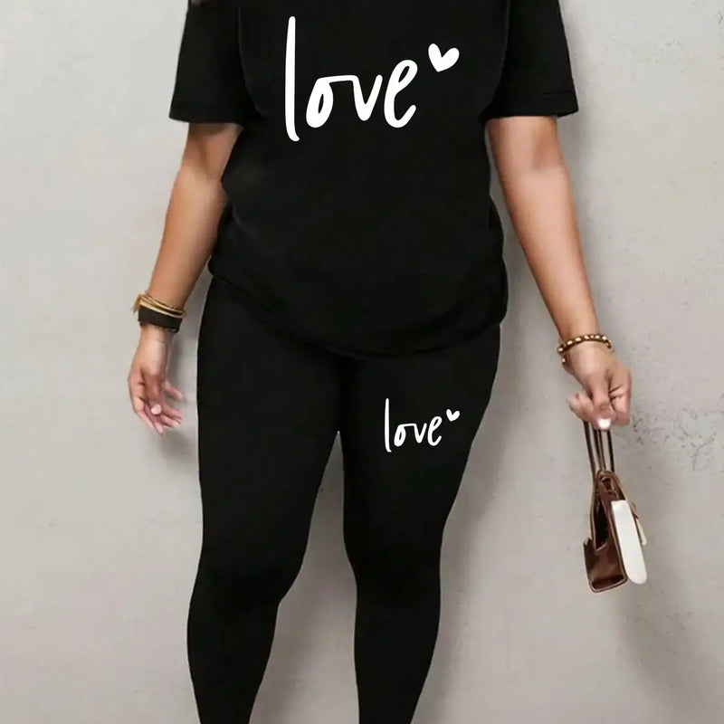 Spring and Summer Casual Two-Piece Set, Expressing Love, Round Neck Short Sleeved T-Shirt and Pants Set, Women's Clothing