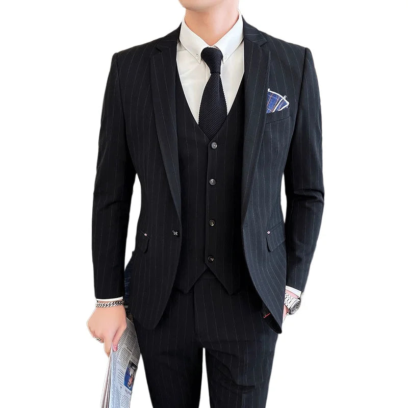 Winter Stripes Three-piece High-Grade Groom Wedding Suit with Vest And Trousers Business Fashion Handsome Casual Wedding Outfit