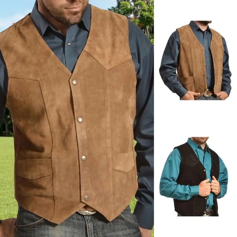 2025 New Men Vests Sleeveless Jackets Cowboy Waistcoat Single Breasted Irregular Men's V-neck Bussiness Jacket Cargo Vest