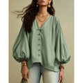 Autumn New Solid Color Fashion Single-breasted Loose Women Shirt Casual Retro Lantern Long-sleeved Versatile Female Vacation Top