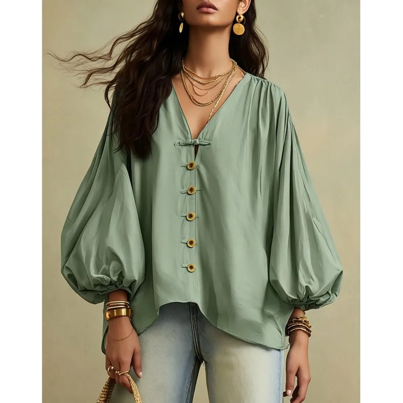 Autumn New Solid Color Fashion Single-breasted Loose Women Shirt Casual Retro Lantern Long-sleeved Versatile Female Vacation Top