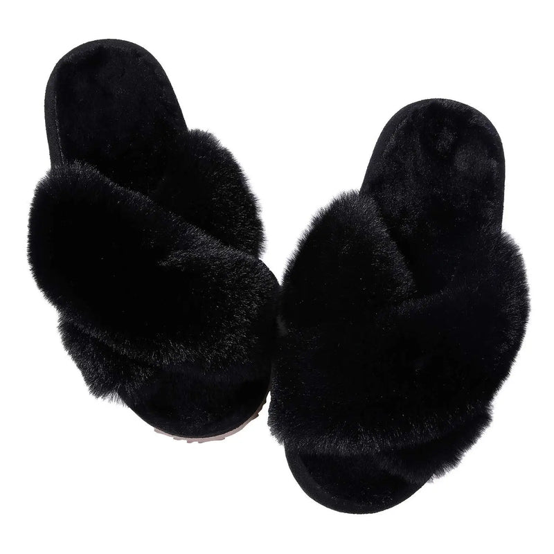 Comwarm Women's Cross Band Fuzzy Slippers Fluffy Open Toe House Slippers Cozy Plush Bedroom Shoes Indoor Outdoor Fur Sandals