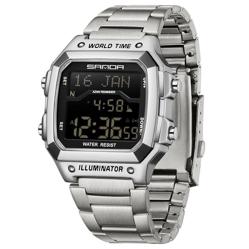 SANDA Fashion Digital Sport Watches Men Waterproof Stopwatch Alarm Date Week Watch Man Golden Strap LED Square Dial Wristwatch