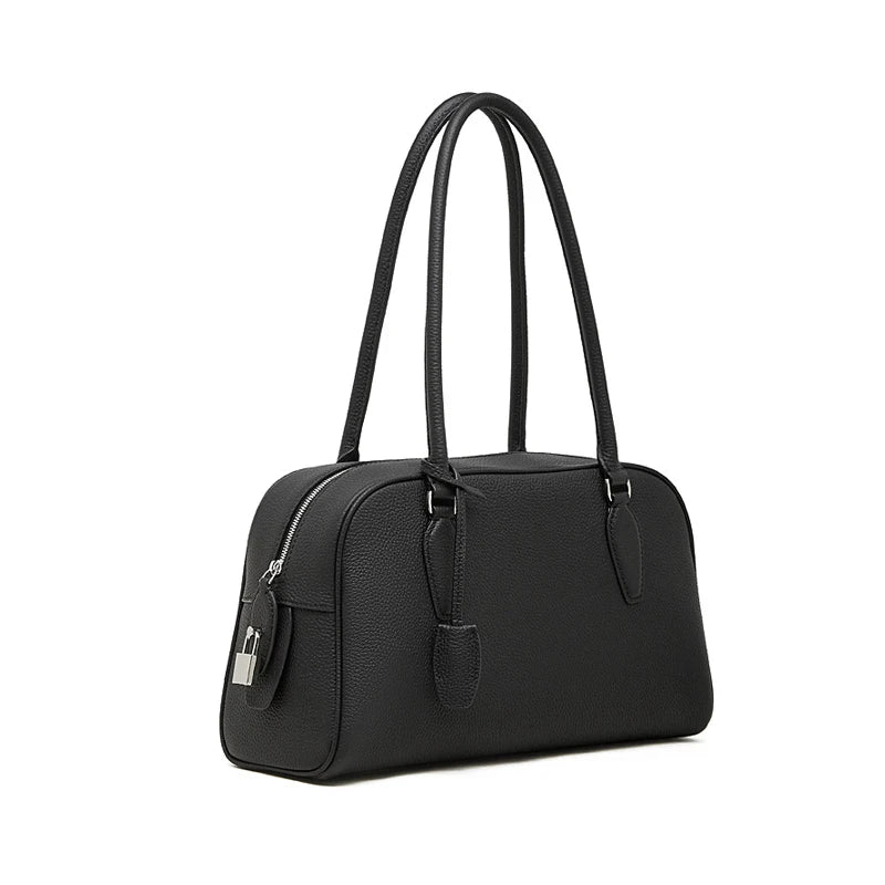 2026 New Casual Women’s High Quality Genuine Leather Top Handle Boston Bags Solid Color Minimalist Design Lady Shoulder Bag