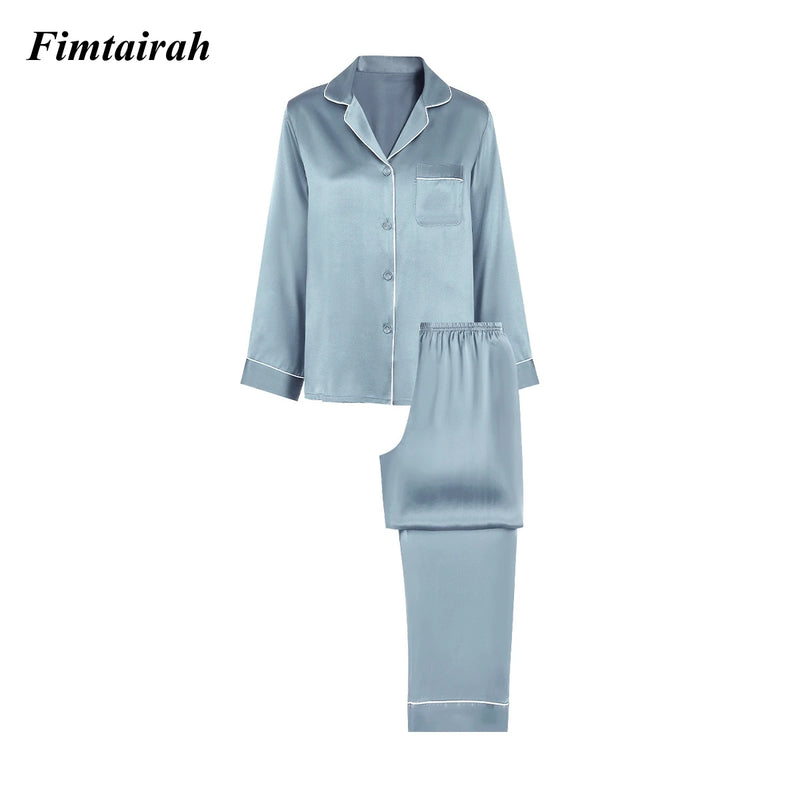 19MM 6A Silk Pajamas For Women's Summer Long sleeved Pants Women Sleapwear pj Nightwear  2pieces 100% mulberry Silk suit