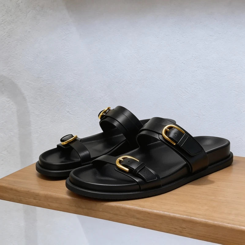Women's Flat Slide Sandals Double Strap Buckle Premium Soft PU Leather Open Toe Casual Summer Beach Slippers 2026