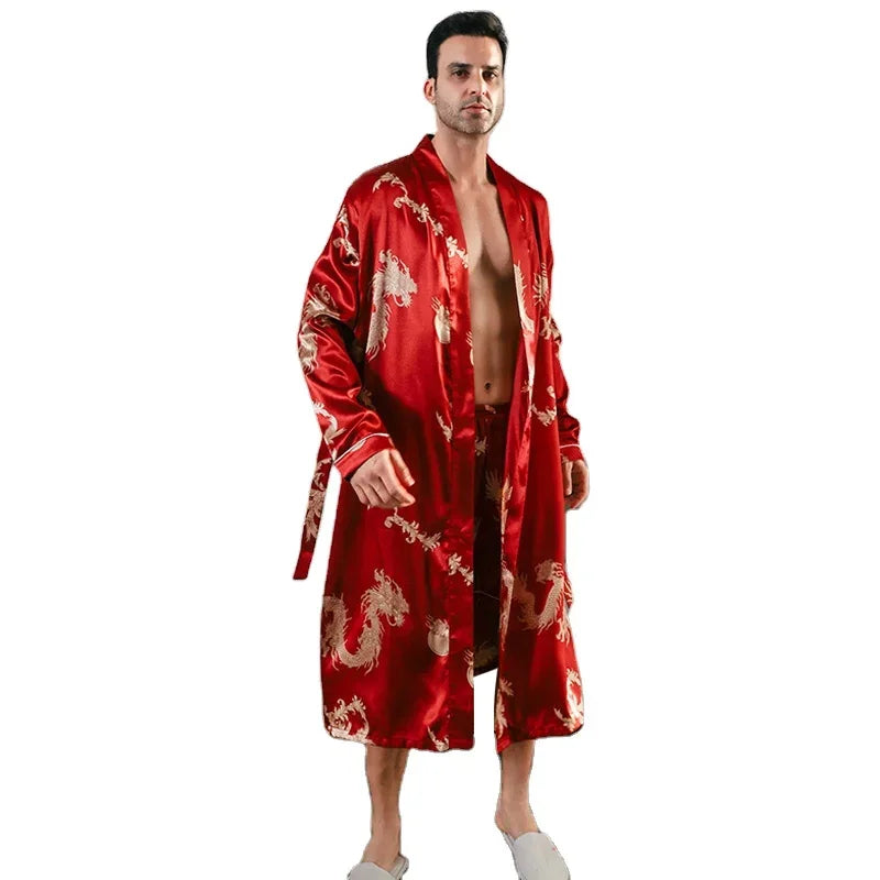 Pajama men's spring and autumn silk thin style oversized pajamas long sleeved bathrobes ice silk bathrobes home clothing summer