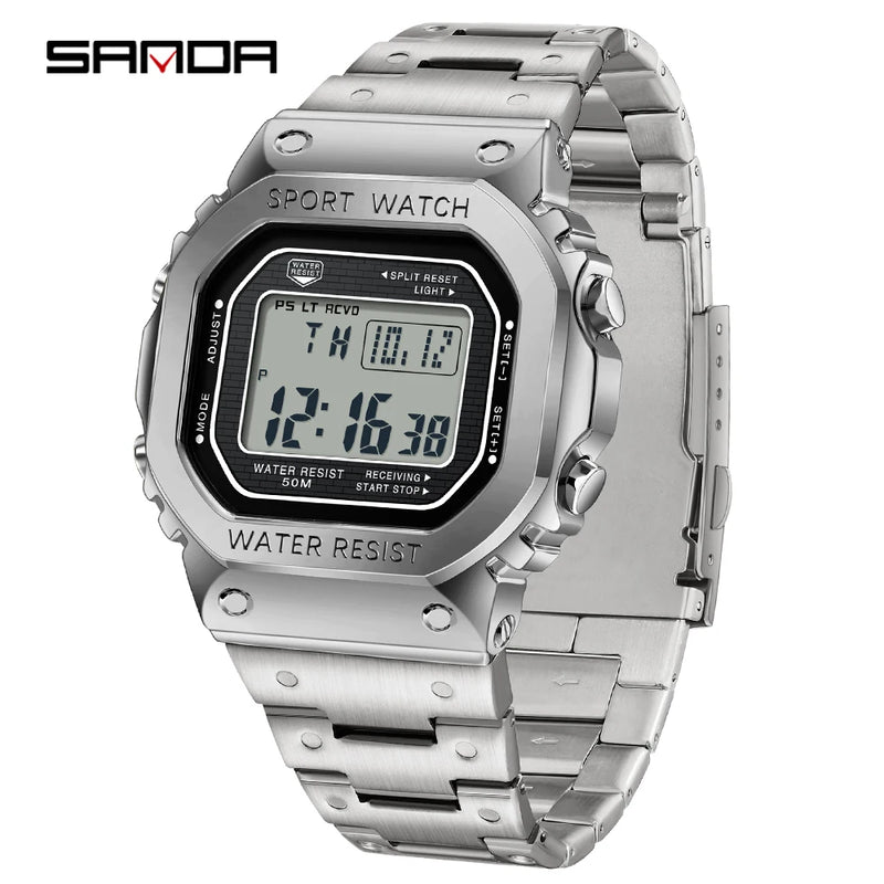 SANDA 2162 Men's Electronic Watch Square Waterproof Multi Functional Wrist Watch Square Fashion Night Light Steel Digit Watches